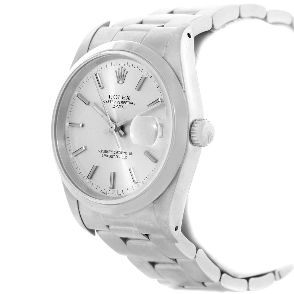 This image shows a side angle of a Rolex Date 15200 Men's Stainless Steel Silver Dial 15200 Men's Stainless Steel Silver Dial model watch, highlighting the dial, bracelet, crown, and date window.