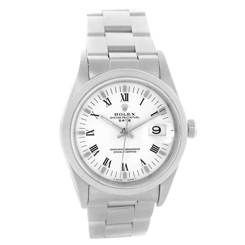 This image shows a front view of the Rolex Date 15200 Men's Stainless Steel White Dial 15200 Men's Stainless Steel White Dial model watch, displaying the dial, hands, bracelet, and date window.