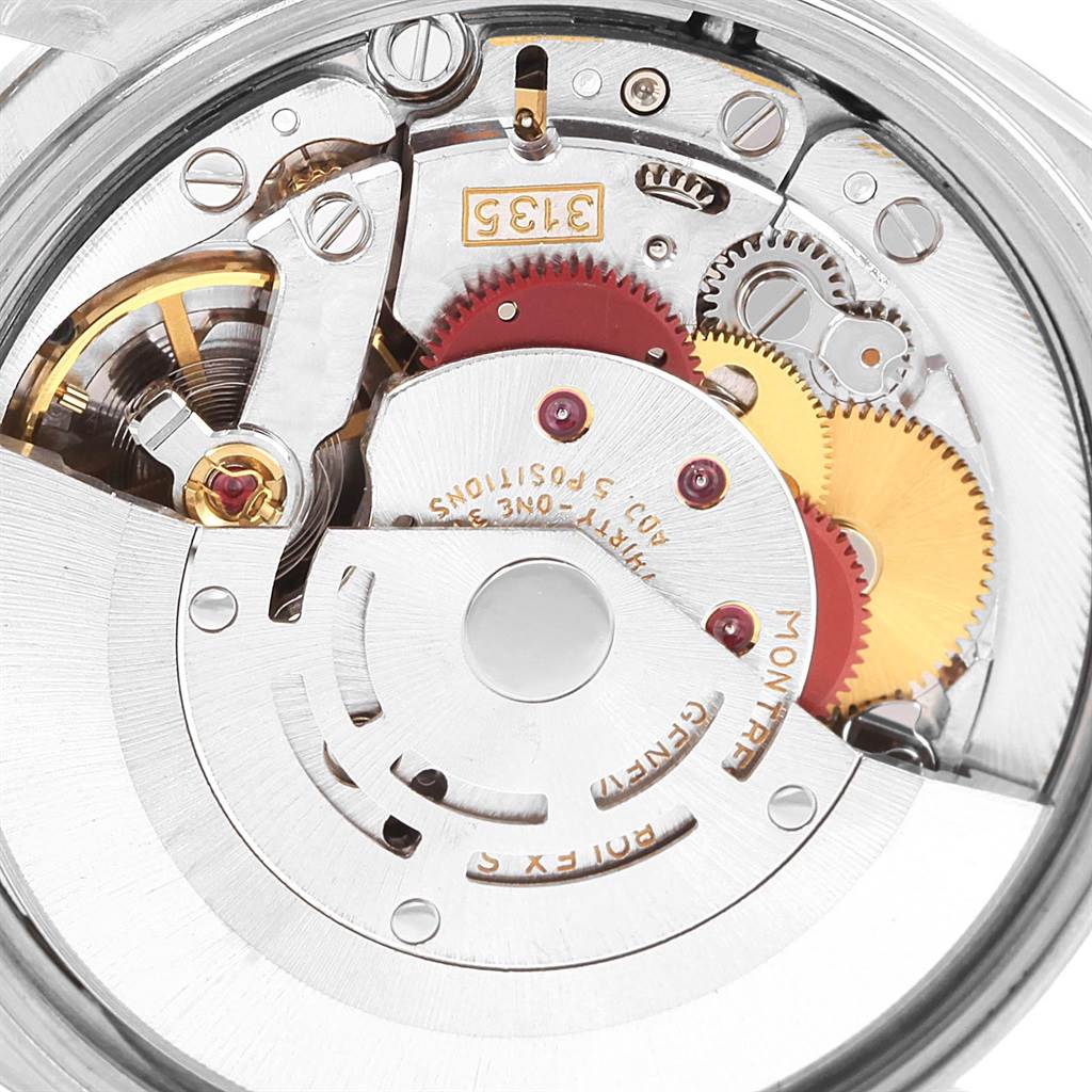 The image shows the intricate internal movement of a Rolex Date 15200 Men's Stainless Steel White Dial 15200 Men's Stainless Steel White Dial model watch, viewed from the back.