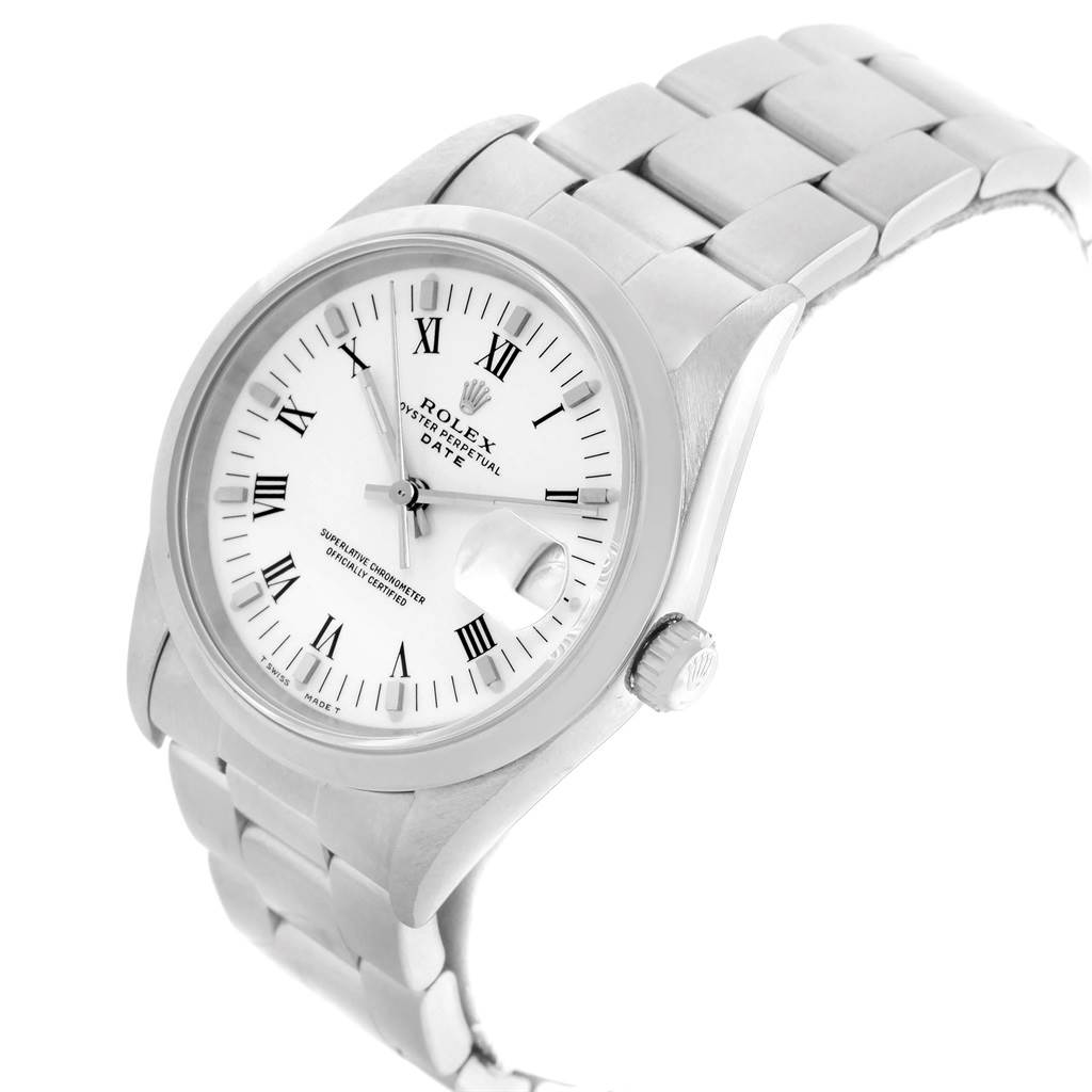 The Rolex Date 15200 Men's Stainless Steel White Dial 15200 Men's Stainless Steel White Dial model is shown from an angled top view, displaying the watch face, bezel, crown, and part of the bracelet.