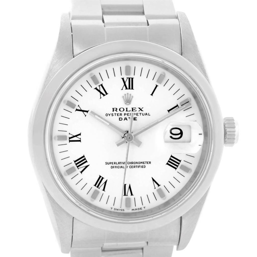 This Rolex Date 15200 Men's Stainless Steel White Dial 15200 Men's Stainless Steel White Dial model watch is shown from the front, displaying the face, bezel, bracelet, and crown.