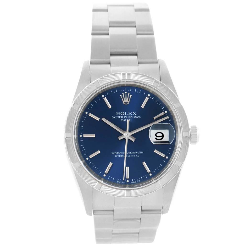 The image shows a front view of a Rolex Date 15210 Men's Stainless Steel Blue Dial 15210 Men's Stainless Steel Blue Dial model watch, highlighting the blue dial, date window, and stainless steel bracelet.
