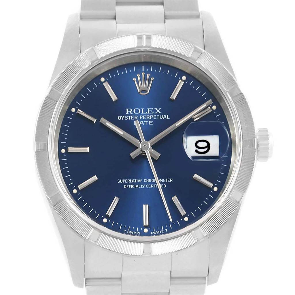 This Rolex Date 15210 Men's Stainless Steel Blue Dial 15210 Men's Stainless Steel Blue Dial model watch is shown from the front, displaying the dial, hands, crown, and date window.