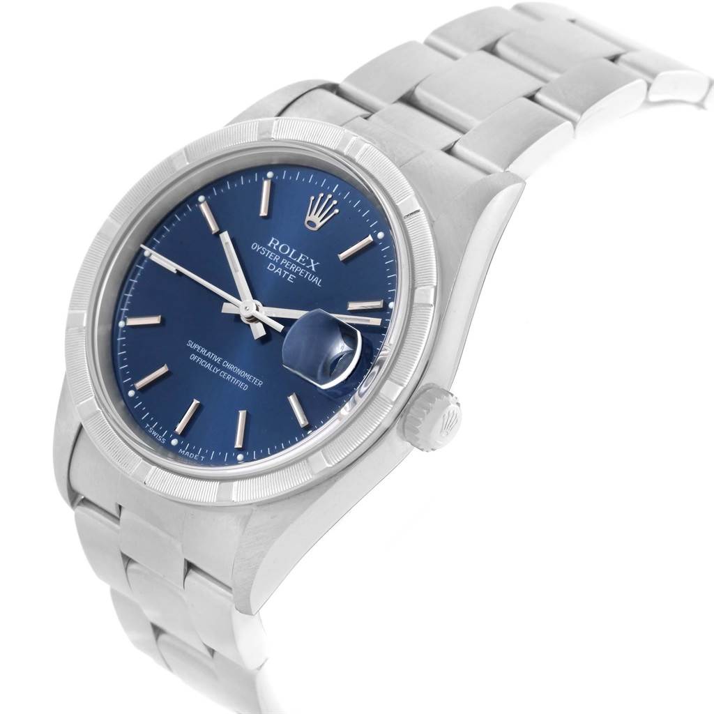 The image shows the Rolex Date 15210 Men's Stainless Steel Blue Dial 15210 Men's Stainless Steel Blue Dial model from a slight angle, featuring the watch face, bracelet, crown, and bezel.