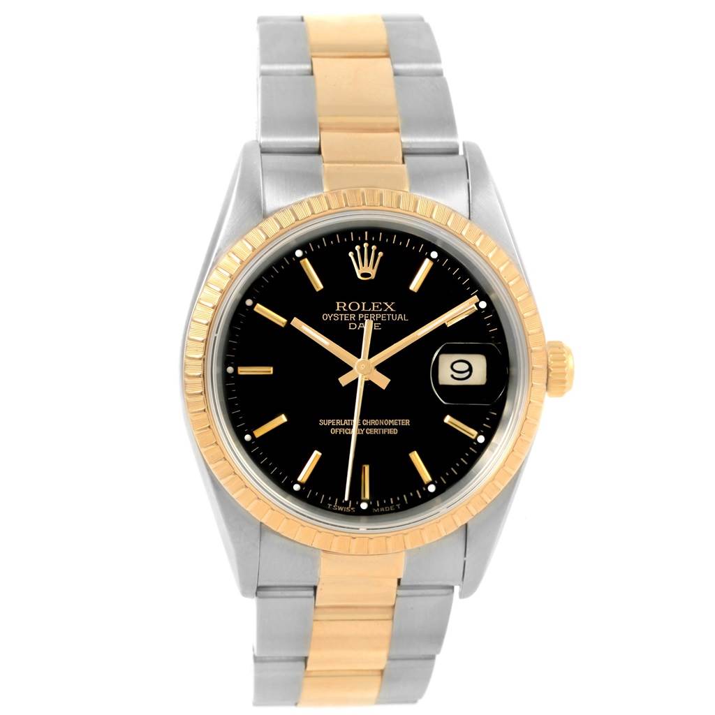 The image shows a front view of a Rolex Oyster Perpetual Date watch, featuring a two-tone metal bracelet and black dial with a date display.