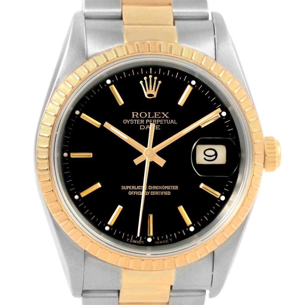 The image shows a front view of a Rolex Oyster Perpetual Date watch, highlighting the bezel, dial, hands, and date window.