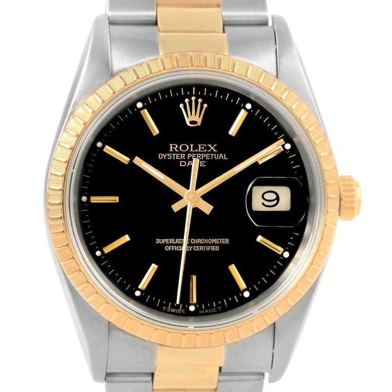 Rolex Date Mens Steel 18k Yellow Gold Black Dial Mens Watch 15223 SwissWatchExpo