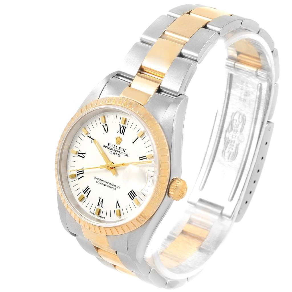 The image shows a Rolex Date 15223 Men's Steel and Gold (two tone) White Dial 15223 Men's Steel and Gold (two tone) White Dial model watch at a three-quarter angle, highlighting the dial, bezel, crown, and bracelet.