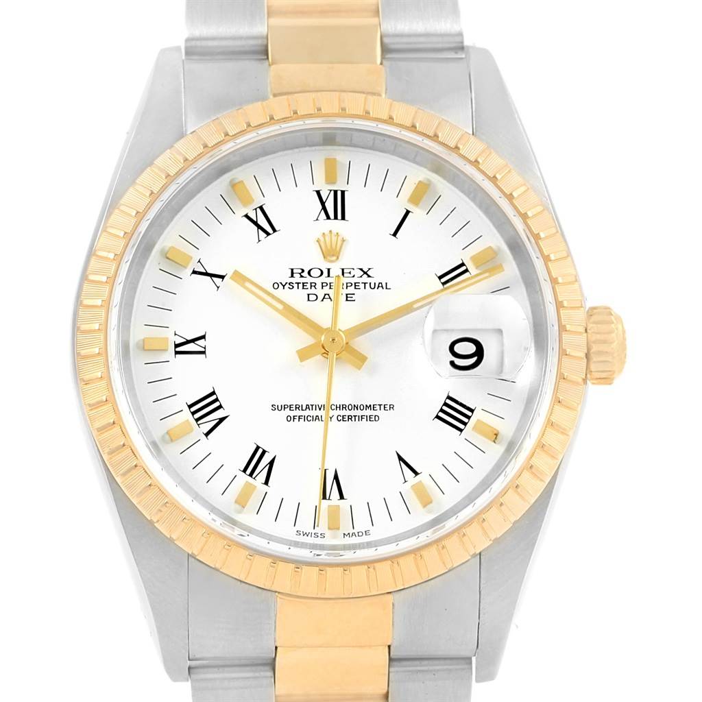 This image shows the full face, bezel, and part of the bracelet of the Rolex Date 15223 Men's Steel and Gold (two tone) White Dial 15223 Men's Steel and Gold (two tone) White Dial model watch.
