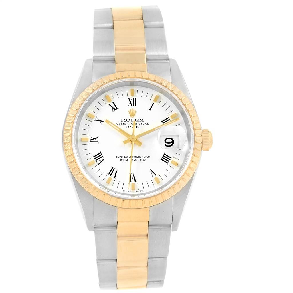 The image shows a front view of a Rolex Date 15223 Men's Steel and Gold (two tone) White Dial 15223 Men's Steel and Gold (two tone) White Dial model watch with a stainless steel and gold two-tone bracelet.