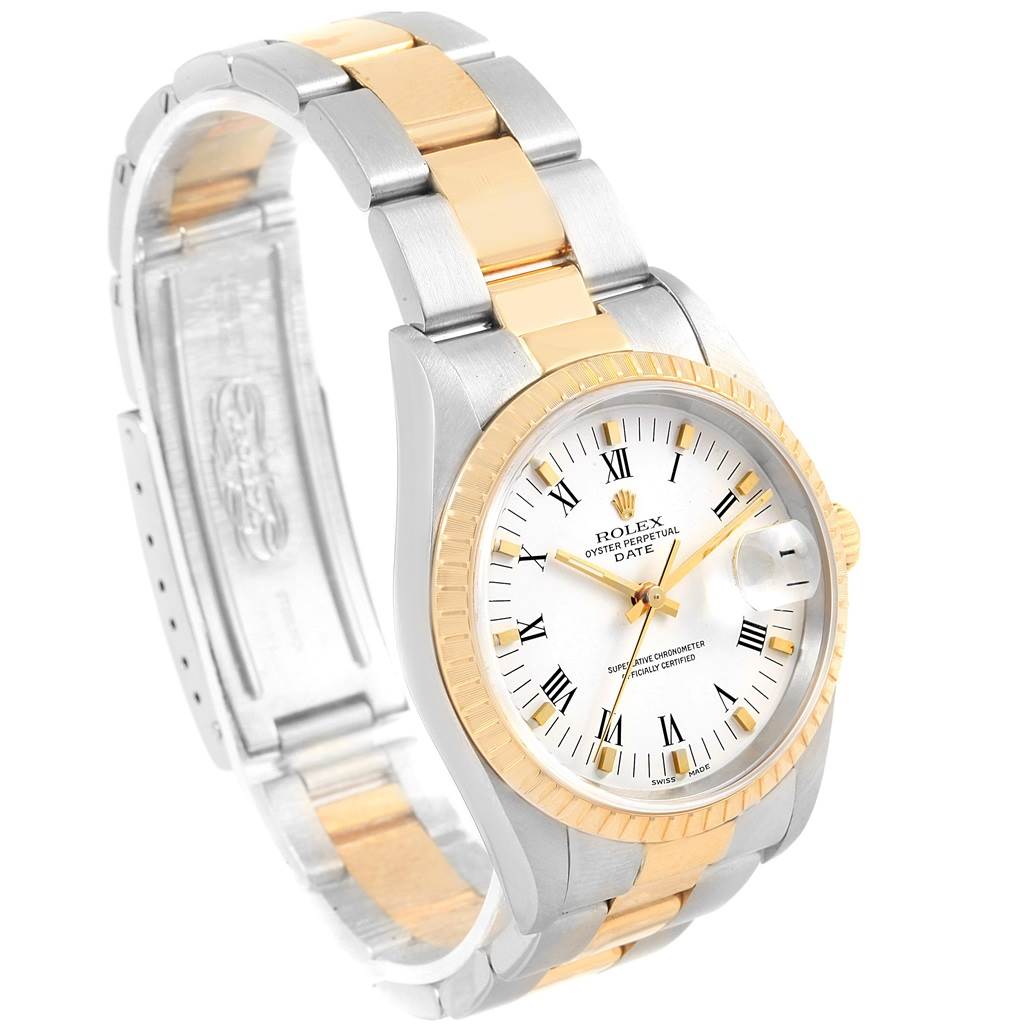 The image shows a Rolex Date 15223 Men's Steel and Gold (two tone) White Dial 15223 Men's Steel and Gold (two tone) White Dial model watch at an angled view, displaying its dial, bezel, and bracelet.