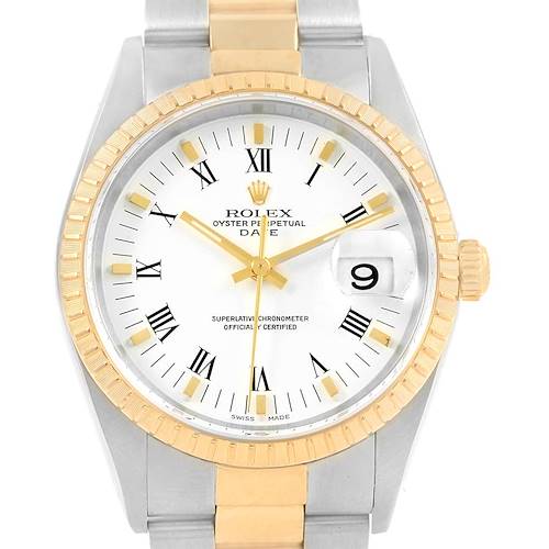 Photo of Rolex Date Mens Steel 18k Yellow Gold White Dial Mens Watch 15223