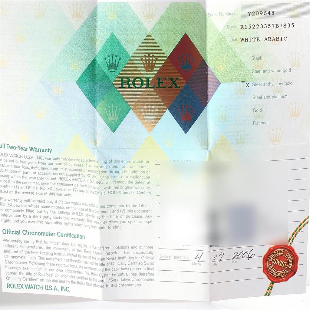 The image shows a Rolex warranty certificate for a Date model watch with a serial number, purchase date, and specifications.