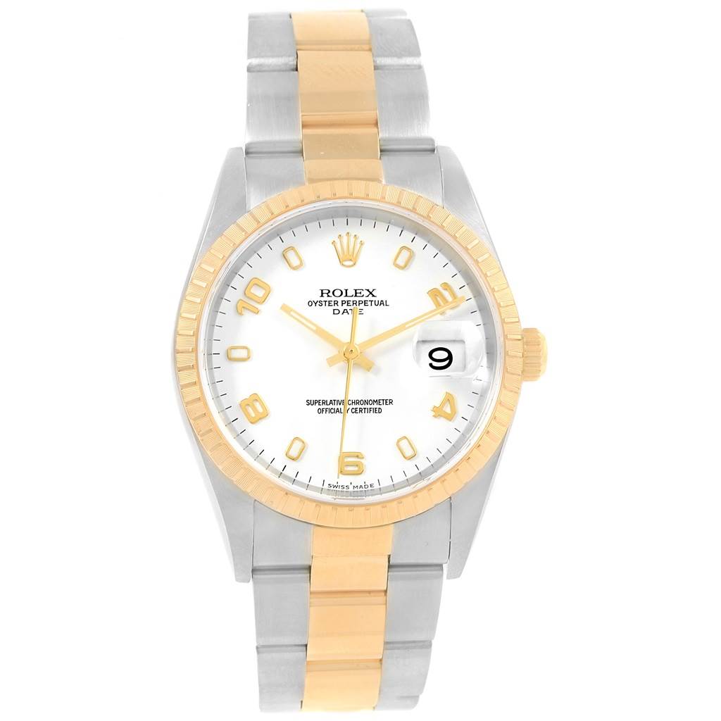 This image shows a Rolex Date 15223 Men's Steel and Gold (two tone) White Dial 15223 Men's Steel and Gold (two tone) White Dial model watch, featuring a two-tone metal bracelet, white dial, and fluted gold bezel, viewed from the front.