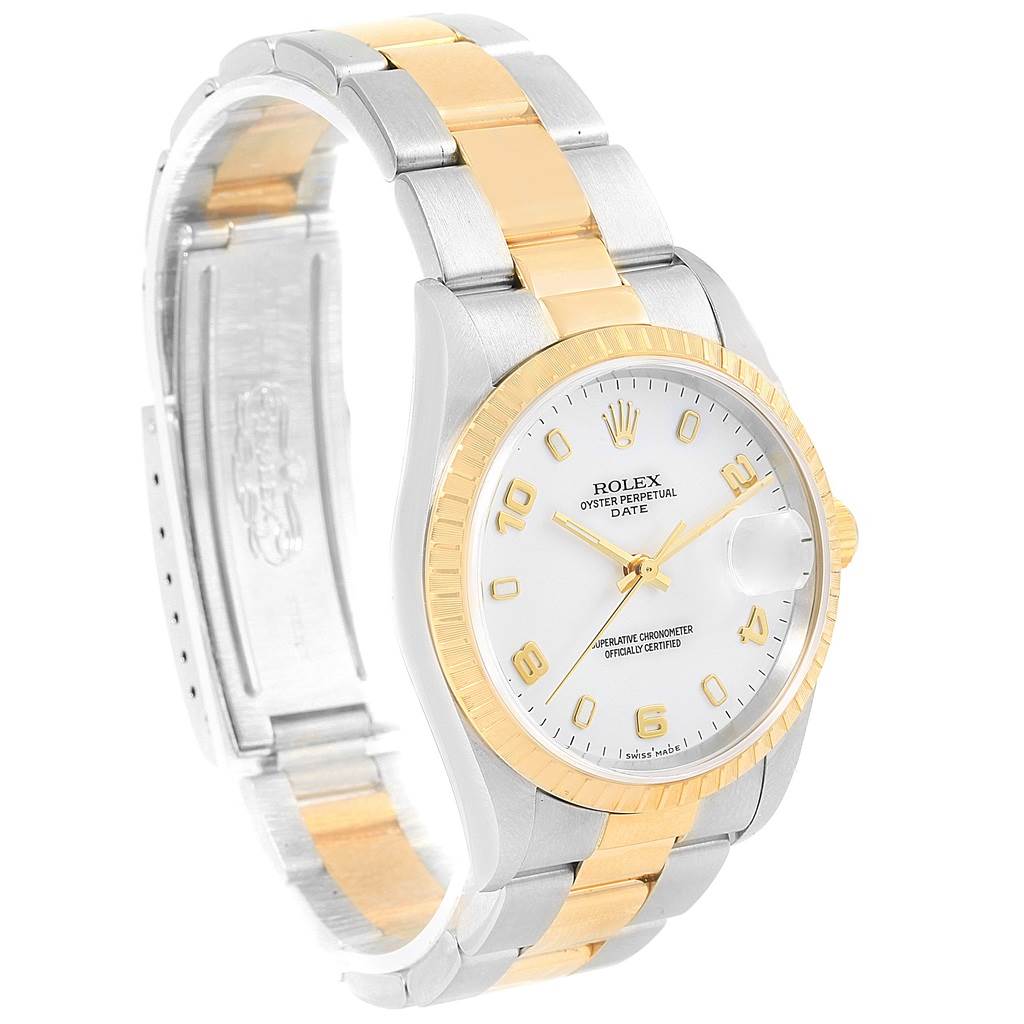 The Rolex Date 15223 Men's Steel and Gold (two tone) White Dial 15223 Men's Steel and Gold (two tone) White Dial model watch is shown at a front angle, highlighting its two-tone bracelet, dial, bezel, and part of the clasp.