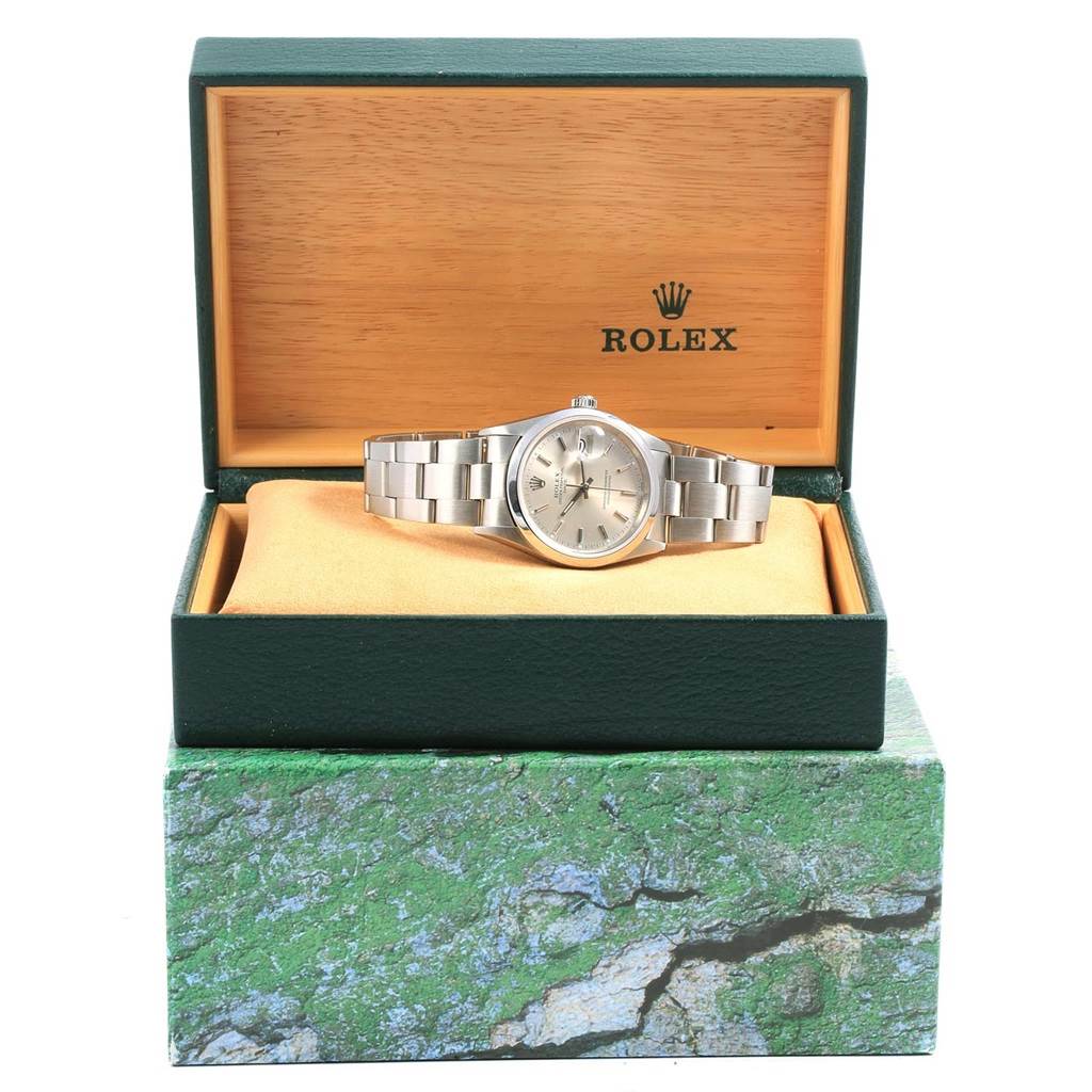 The Rolex Date 15200 Men's Stainless Steel Silver Dial 15200 Men's Stainless Steel Silver Dial model watch is shown front-facing, displayed in its original case with the bracelet visible.