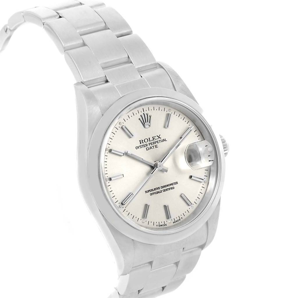 The image shows a Rolex Date 15200 Men's Stainless Steel Silver Dial 15200 Men's Stainless Steel Silver Dial model watch at a slight angle, highlighting the face, bezel, and part of the metal bracelet.