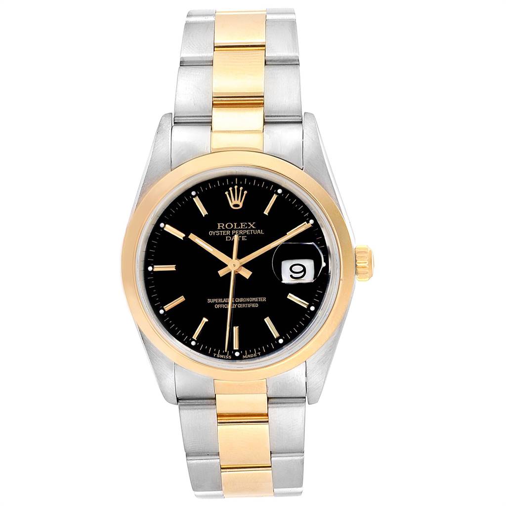 The image shows a front view of the Rolex Date 15203 Men's Steel and Gold (two tone) Black Dial 15203 Men's Steel and Gold (two tone) Black Dial watch, displaying its black dial, two-tone bracelet, and cyclops date window.