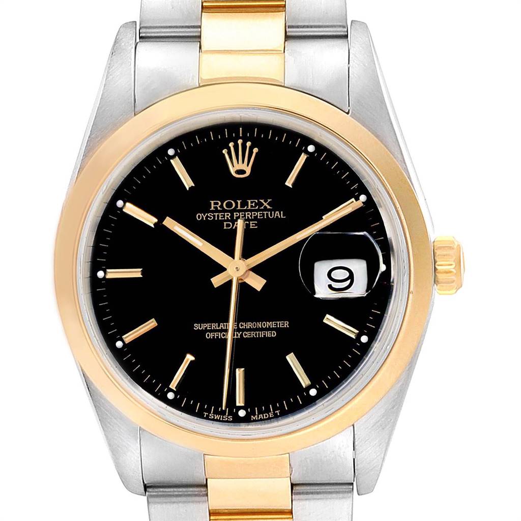 The Rolex Date 15203 Men's Steel and Gold (two tone) Black Dial 15203 Men's Steel and Gold (two tone) Black Dial model watch is shown from a front angle, highlighting its dial, hour markers, hands, and date display.