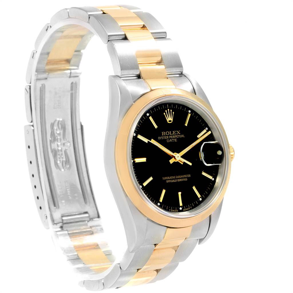The image shows a Rolex Date 15203 Men's Steel and Gold (two tone) Black Dial 15203 Men's Steel and Gold (two tone) Black Dial model watch at a three-quarter angle, displaying the face, bracelet, and side of the bezel.