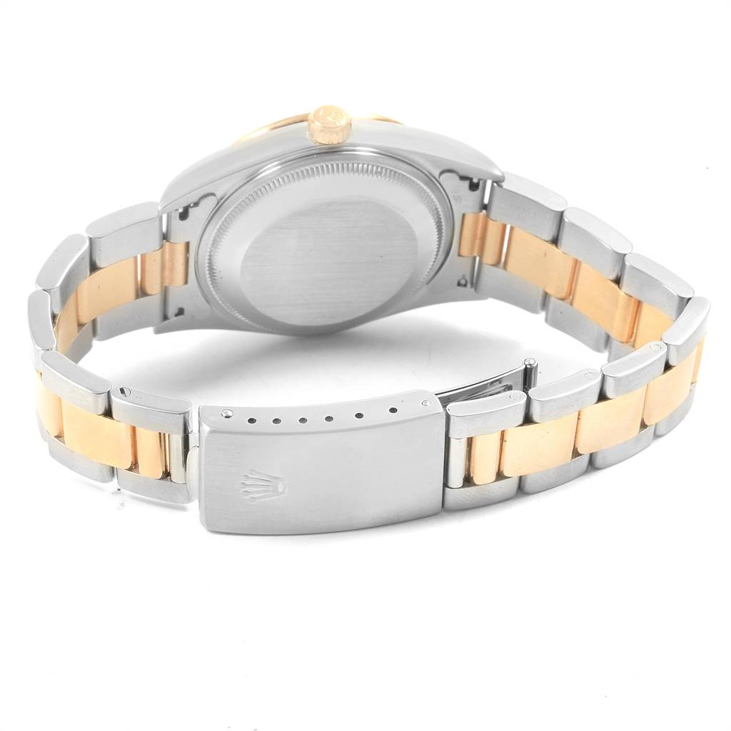 The image shows the back view of the Rolex Date 15203 Men's Steel and Gold (two tone) Black Dial 15203 Men's Steel and Gold (two tone) Black Dial watch, displaying the bracelet, clasp, and case back.