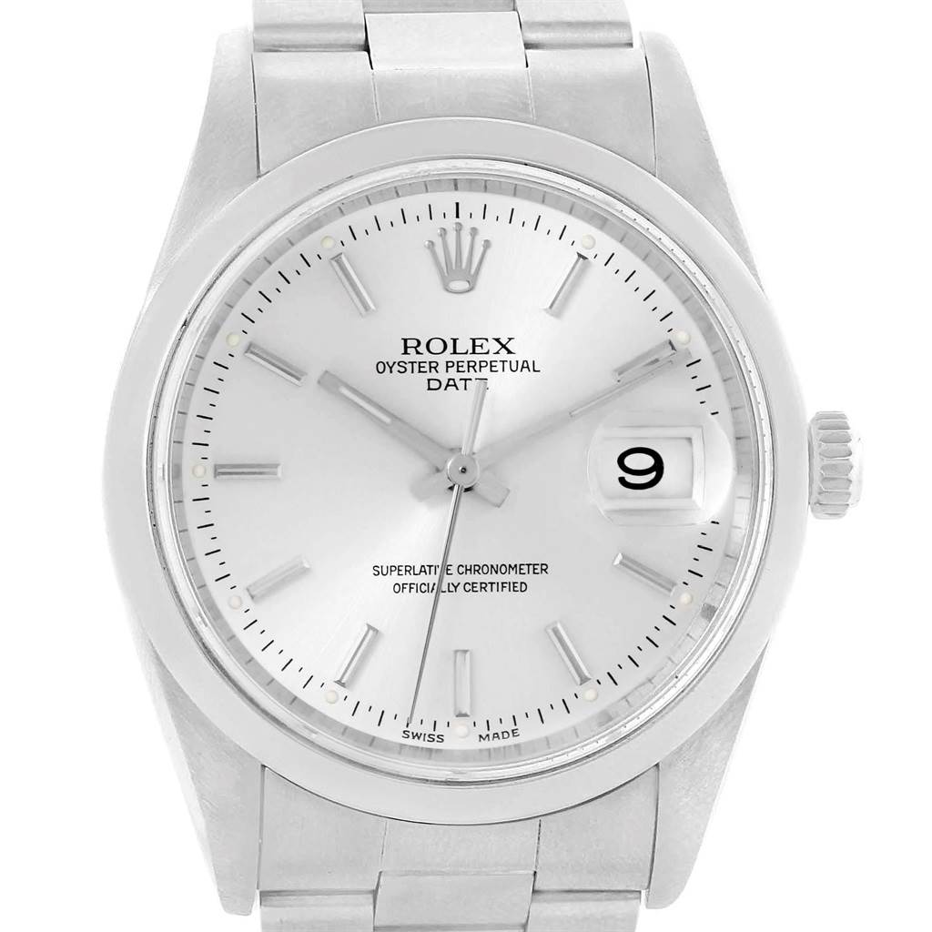 The image shows a front view of a Rolex Date 15200 Men's Stainless Steel Silver Dial 15200 Men's Stainless Steel Silver Dial model watch, highlighting the dial, hands, date window, and part of the bracelet.