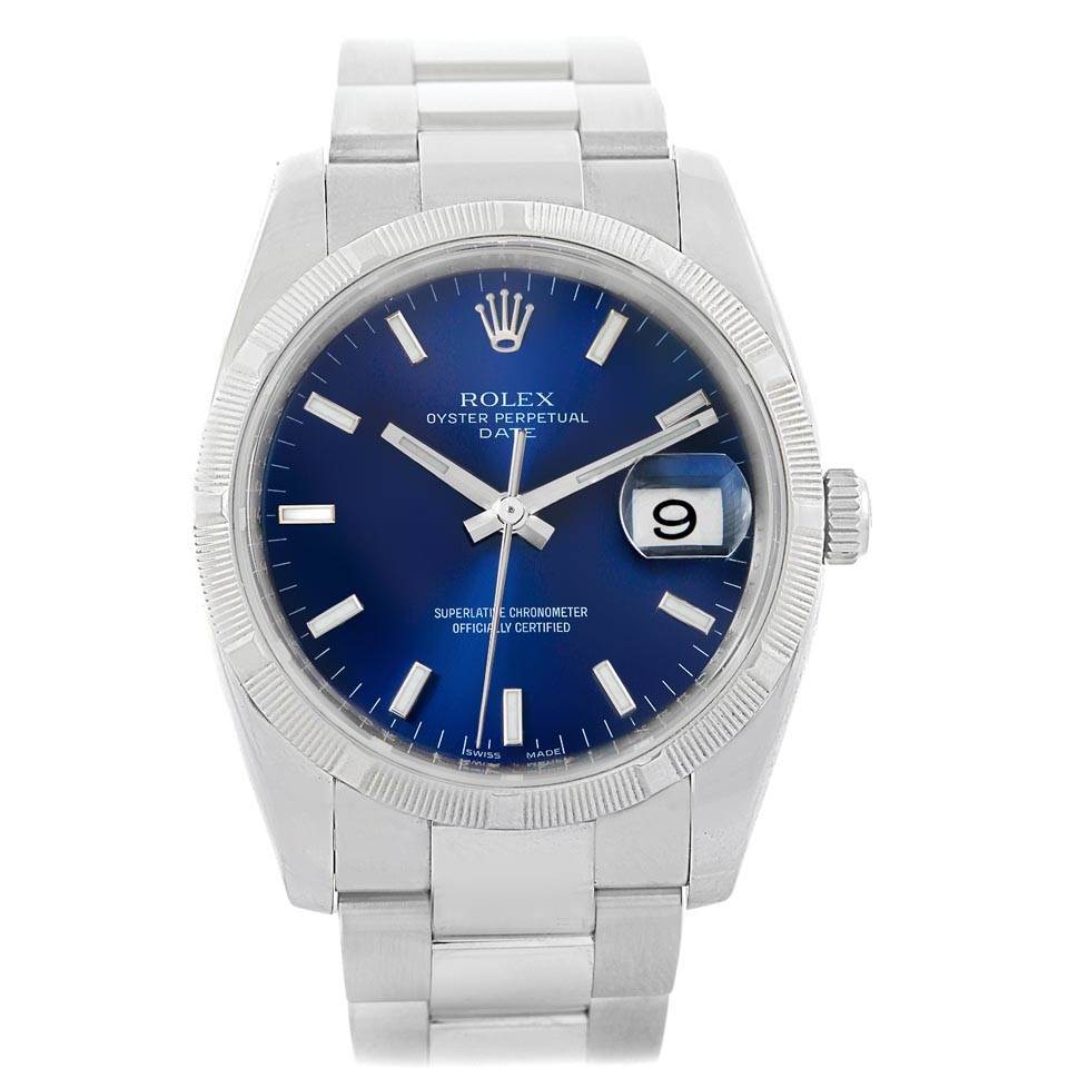 This image shows a frontal view of a Rolex Date 115210 Men's Stainless Steel Blue Dial 115210 Men's Stainless Steel Blue Dial model watch, highlighting the dial, hands, date window, and bracelet.