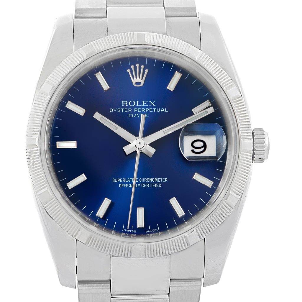 This is a front view of a Rolex Date 115210 Men's Stainless Steel Blue Dial 115210 Men's Stainless Steel Blue Dial model watch, showing the face, bezel, and part of the bracelet.