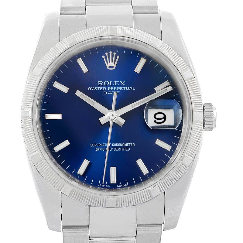 Rolex Date Steel Blue Dial Oyster Bracelet Automatic Mens Watch 115210 SwissWatchExpo