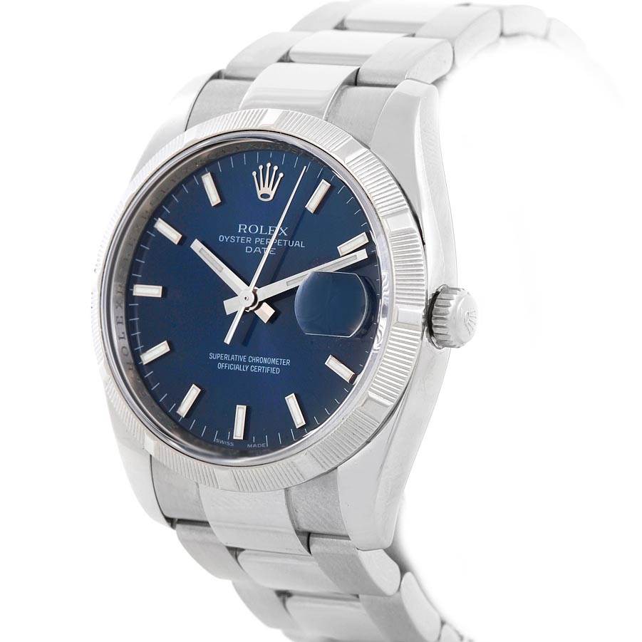 The Rolex Oyster Perpetual Date watch is shown at a slight angle, showcasing its face, case, bracelet, and crown.