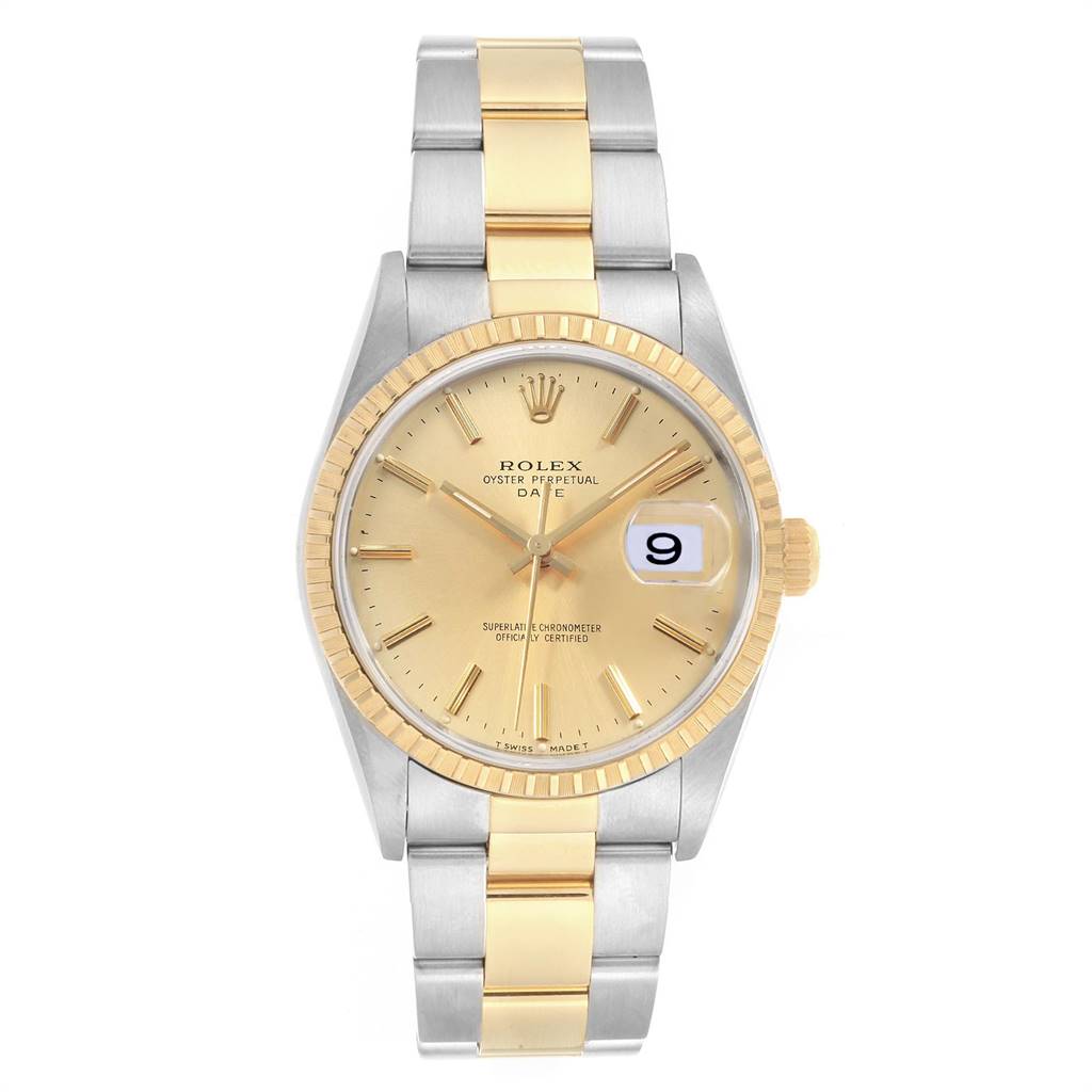 This image shows a front view of the Rolex Date 15223 Men's Steel and Gold (two tone) Champagne Dial 15223 Men's Steel and Gold (two tone) Champagne Dial model watch, displaying its dial, two-tone bracelet, and date function.