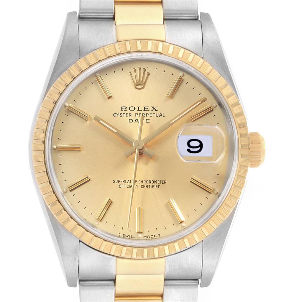 The image shows a front view of a Rolex Date 15223 Men's Steel and Gold (two tone) Champagne Dial 15223 Men's Steel and Gold (two tone) Champagne Dial watch, highlighting its gold dial, bezel, and two-tone bracelet.