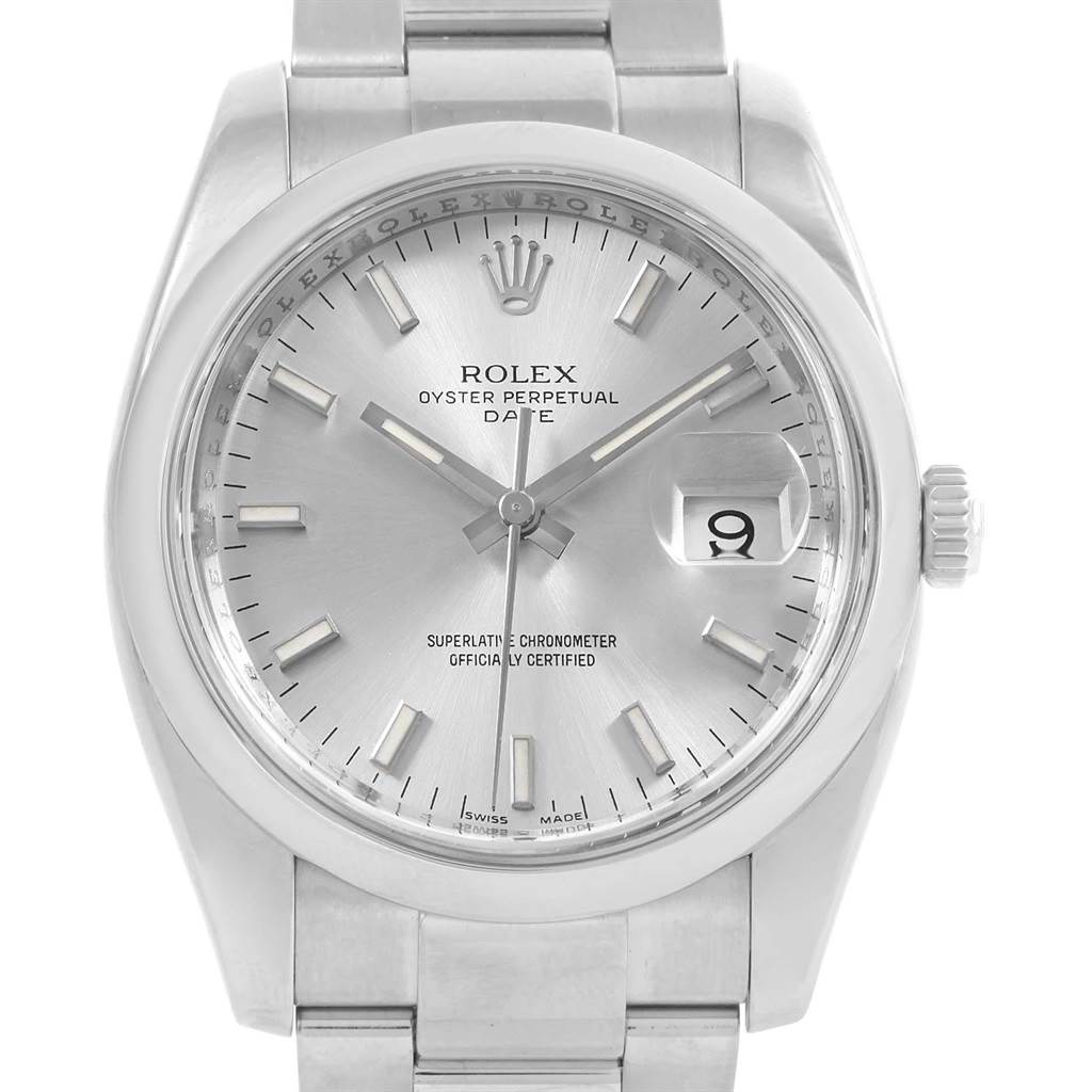 This is a frontal view of a Rolex Date 115200 Men's Stainless Steel Silver Dial 115200 Men's Stainless Steel Silver Dial model, showing the dial, crown, and part of the metal bracelet.