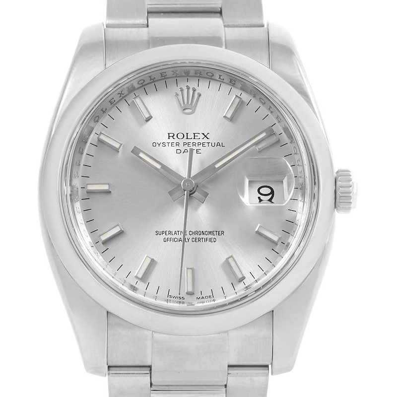 Rolex Date Stainless Steel Silver Baton Dial Mens Watch 115200 SwissWatchExpo