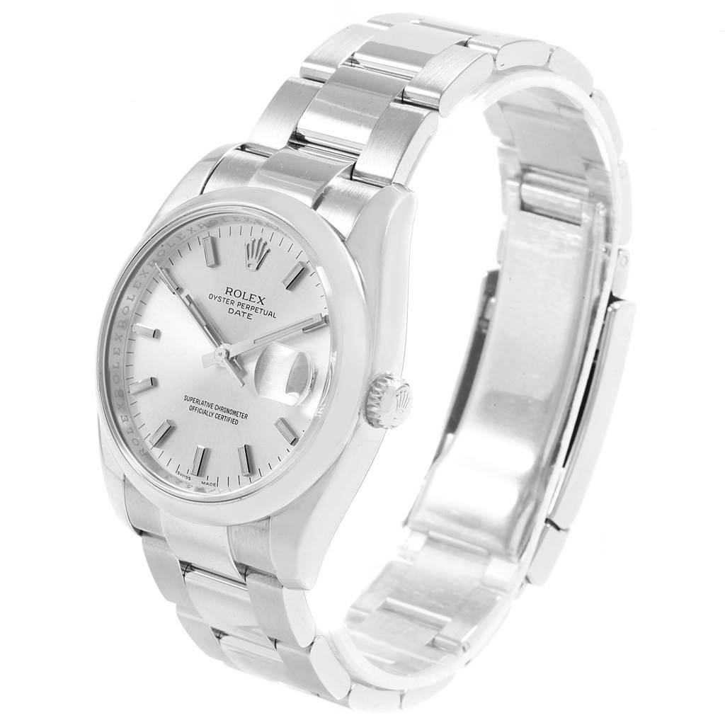 The image shows a Rolex Date 115200 Men's Stainless Steel Silver Dial 115200 Men's Stainless Steel Silver Dial model watch angled to display the dial, case, bracelet, and clasp.