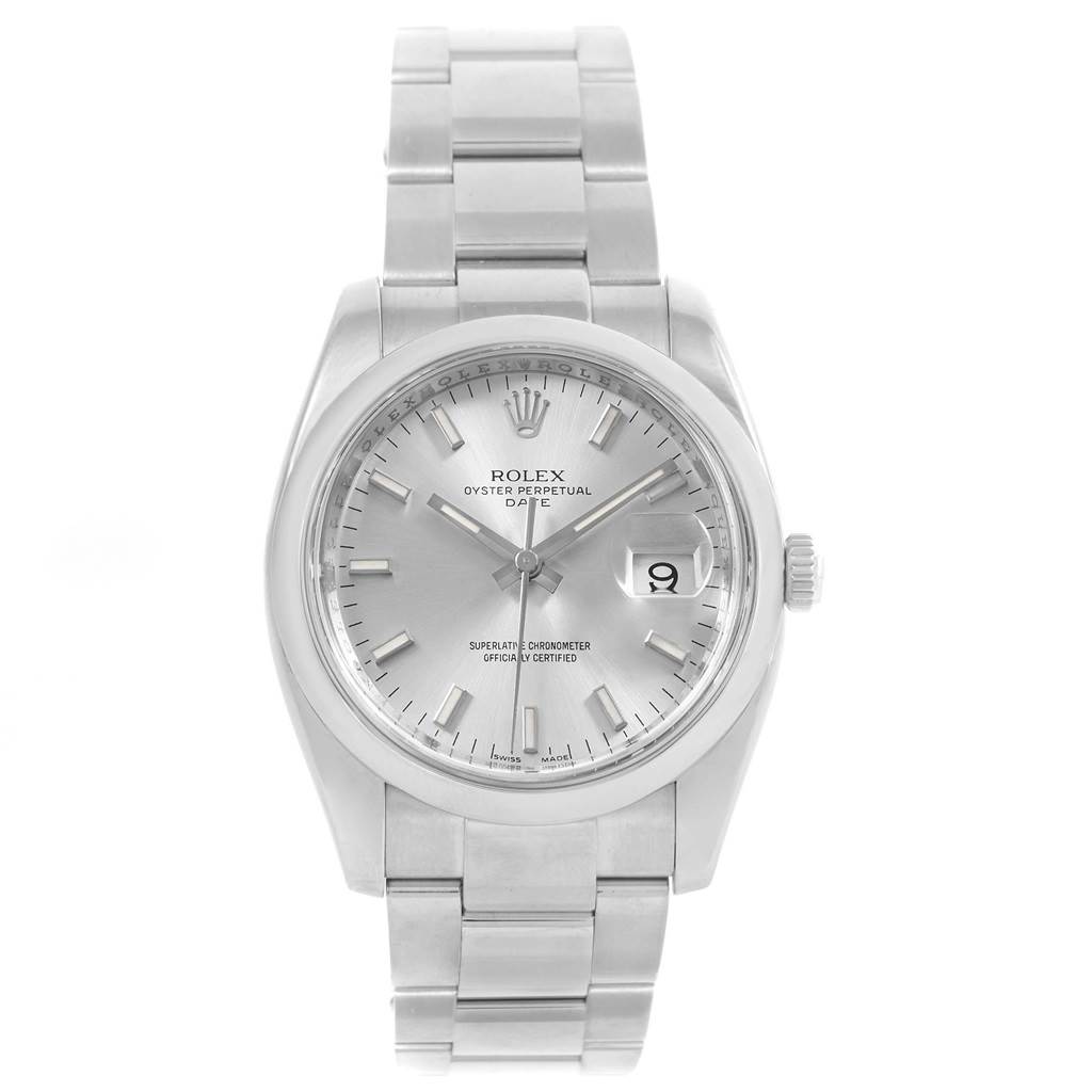 The image depicts a front view of a Rolex Oyster Perpetual Date watch, showcasing its face, bracelet, and clasp.