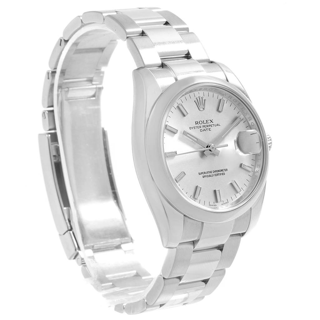 The image shows a Rolex Date 115200 Men's Stainless Steel Silver Dial 115200 Men's Stainless Steel Silver Dial model watch at a 3/4 angle, highlighting the dial, case, and bracelet.
