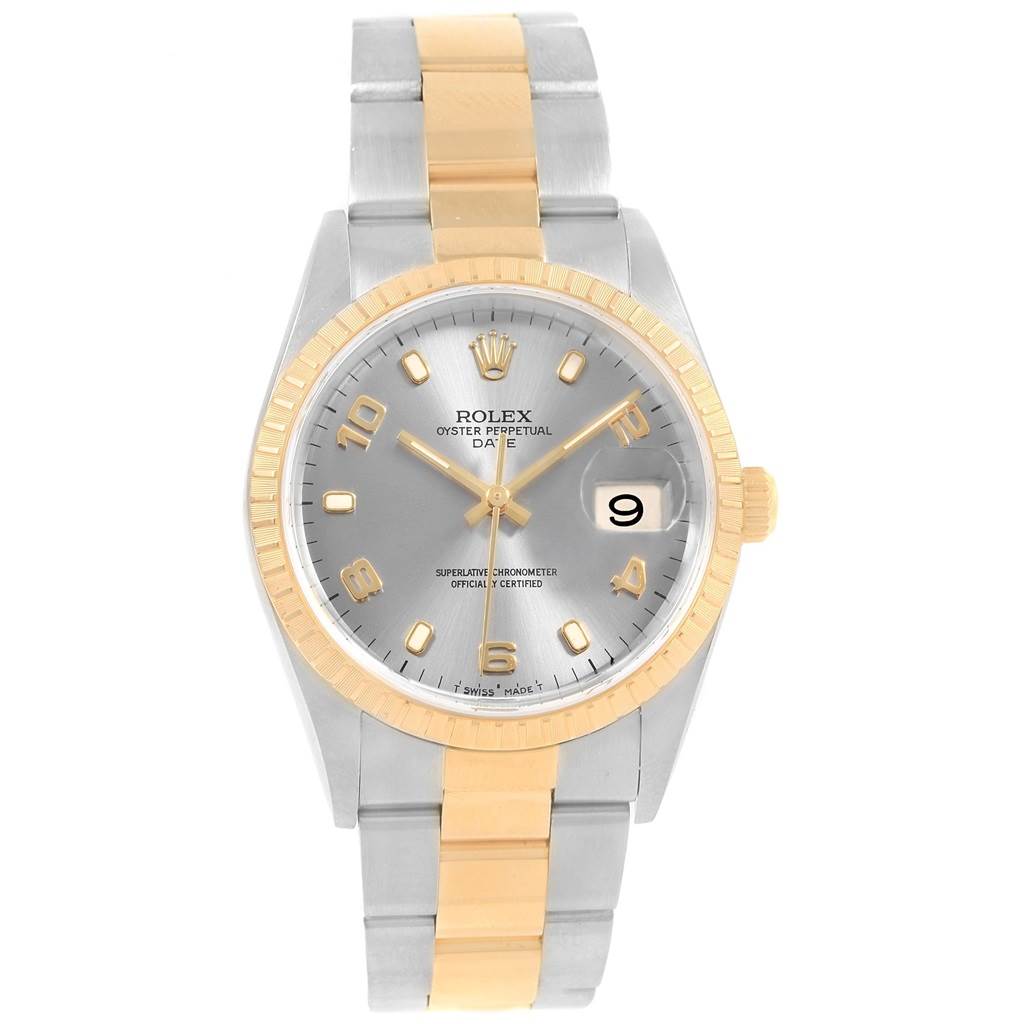 This image shows the front view of a Rolex Date 15223 Men's Steel and Gold (two tone) Grey Dial 15223 Men's Steel and Gold (two tone) Grey Dial model watch, displaying the dial, bezel, and the bracelet.