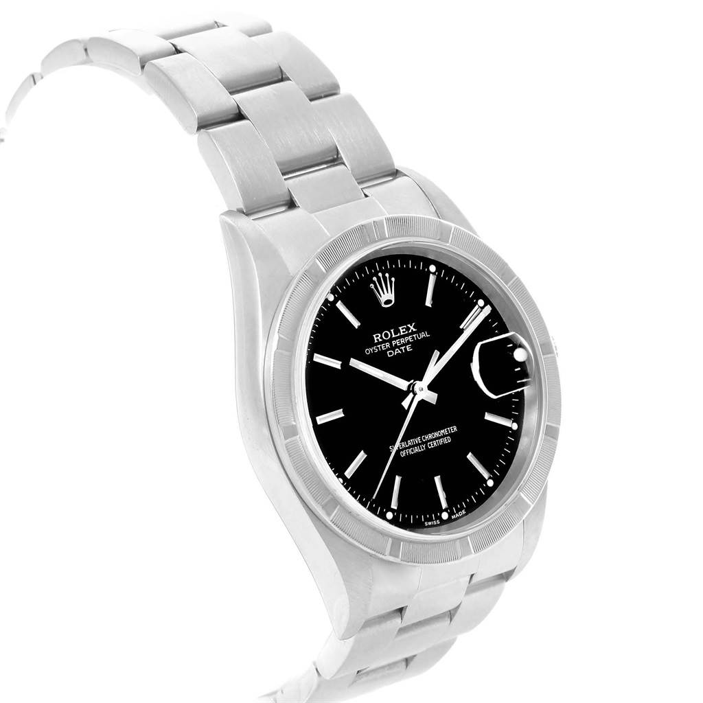 This Rolex Date 15210 Men's Stainless Steel Black Dial 15210 Men's Stainless Steel Black Dial model watch is shown at a slight angle, highlighting the bezel, dial, and bracelet.