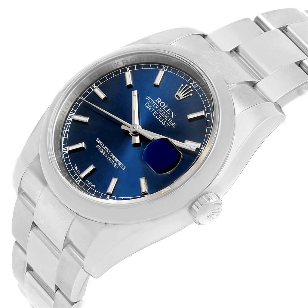 This image shows a Rolex Date 116200 Men's Stainless Steel Blue Dial 116200 Men's Stainless Steel Blue Dial model watch at a slight angle, featuring the dial, bracelet, crown, and part of the bezel.