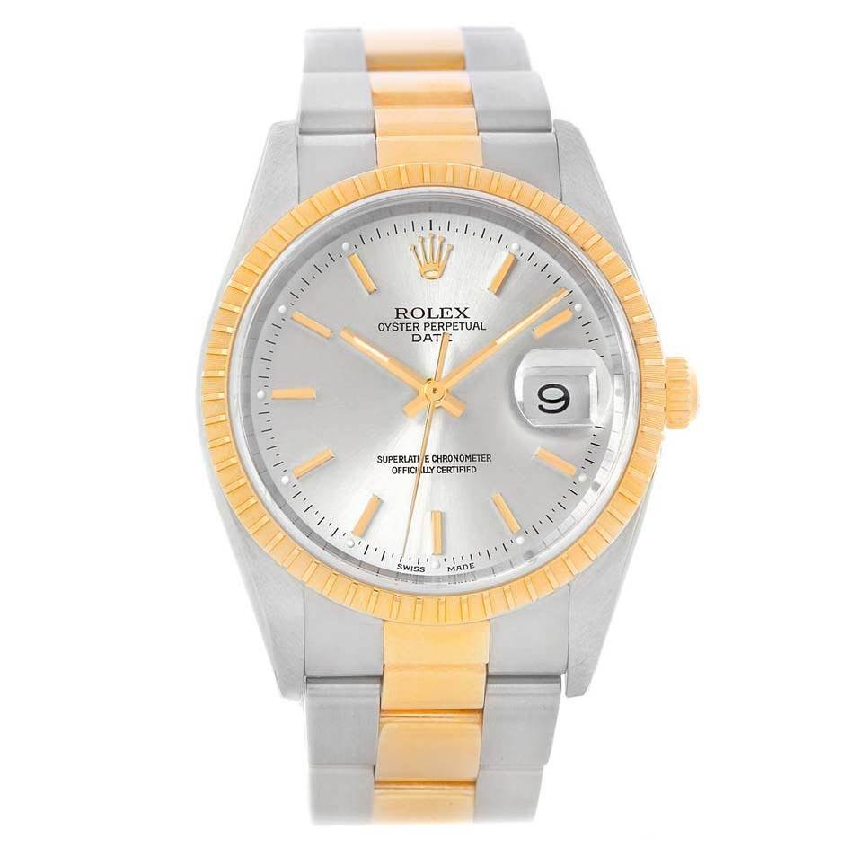 The image shows a front view of a Rolex Date 15223 Men's Steel and Gold (two tone) Silver Dial 15223 Men's Steel and Gold (two tone) Silver Dial model watch featuring a stainless steel and gold case and bracelet, and a date display.