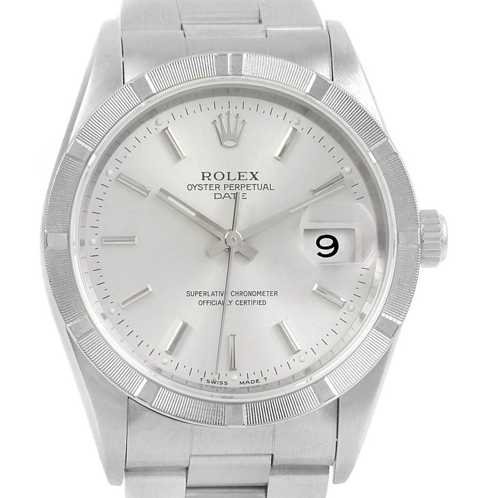 This image shows a Rolex Date 15210 Men's Stainless Steel Silver Dial 15210 Men's Stainless Steel Silver Dial model watch from a front angle, highlighting the dial, hands, crown, and bracelet.
