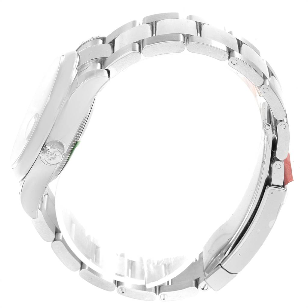 The image shows a side view of the Rolex Date 115200 Men's Stainless Steel Silver Dial 115200 Men's Stainless Steel Silver Dial model watch, highlighting the bracelet, clasp, and crown.