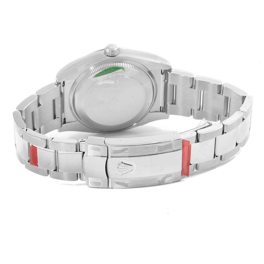 This image shows the back case and clasp of the Rolex Date 115200 Men's Stainless Steel Silver Dial 115200 Men's Stainless Steel Silver Dial model watch at an angled view.