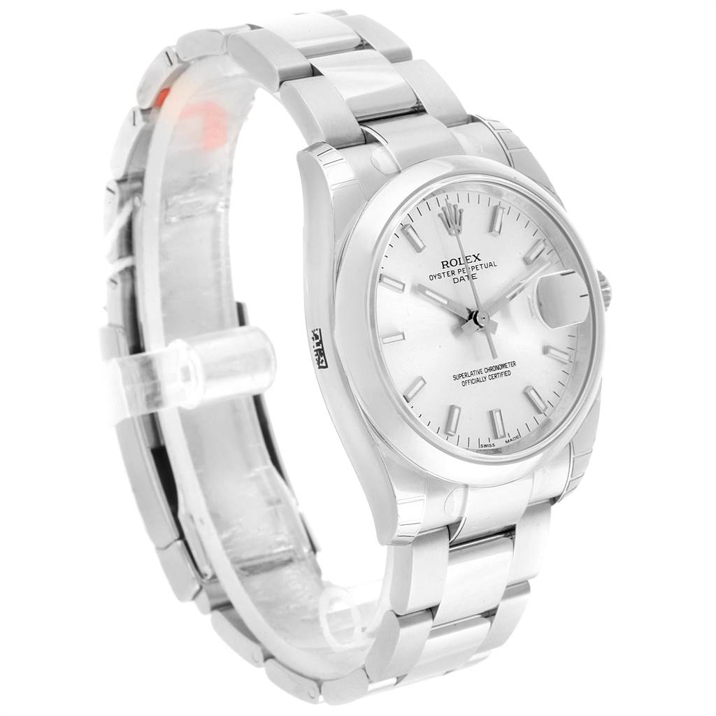 The Rolex Date 115200 Men's Stainless Steel Silver Dial 115200 Men's Stainless Steel Silver Dial model watch is shown at an angle, highlighting the dial, case, bracelet, and clasp.