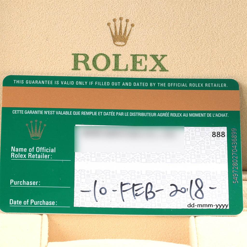 The image shows a guarantee card for a Rolex Date 115200 Men's Stainless Steel Silver Dial 115200 Men's Stainless Steel Silver Dial model watch.