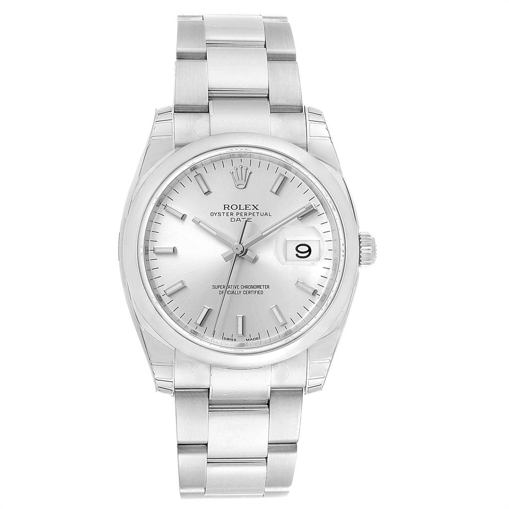 The Rolex Date 115200 Men's Stainless Steel Silver Dial 115200 Men's Stainless Steel Silver Dial watch is shown from the front, displaying the dial, hands, bracelet, crown, and date window.
