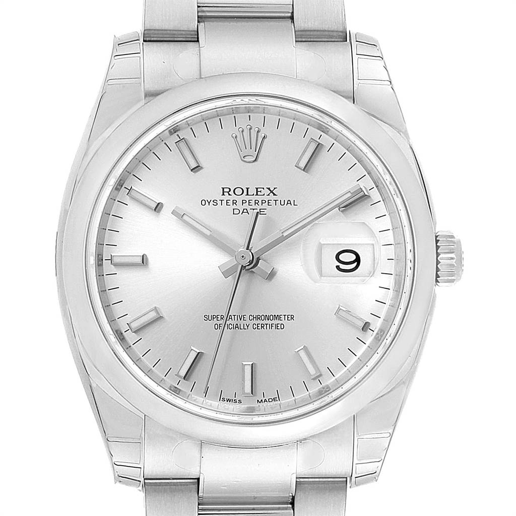 The image shows a front view of the Rolex Date 115200 Men's Stainless Steel Silver Dial 115200 Men's Stainless Steel Silver Dial model watch featuring its dial, bracelet, and crown.