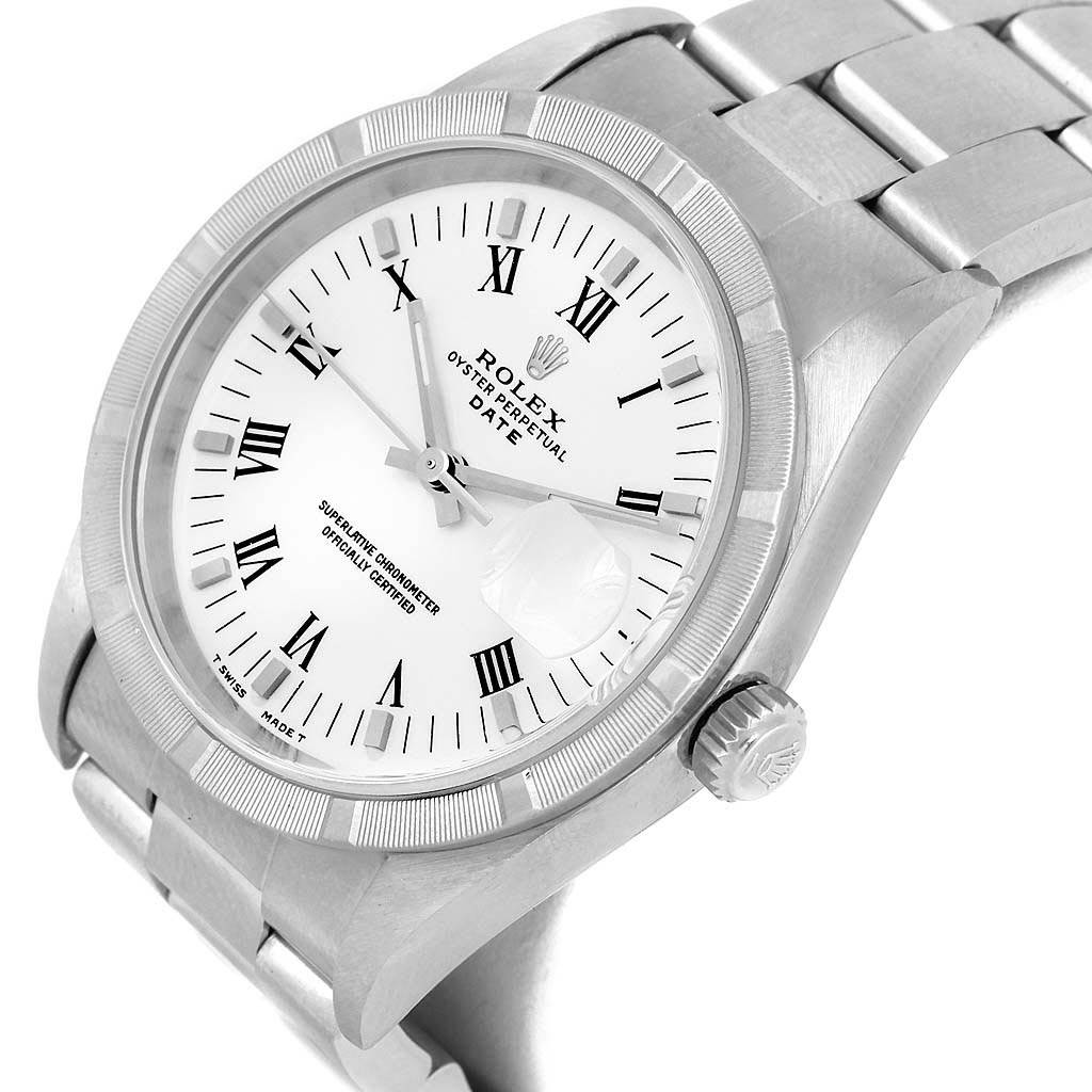 The image shows a Rolex Date 15210 Men's Stainless Steel White Dial 15210 Men's Stainless Steel White Dial model watch at an angled view, highlighting its dial, bezel, and bracelet.