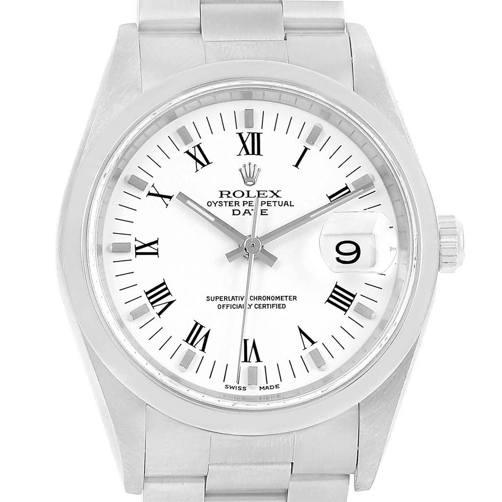 The image shows a front view of a Rolex Date 15200 Men's Stainless Steel White Dial 15200 Men's Stainless Steel White Dial model watch, highlighting the dial, hands, date window, and bracelet.